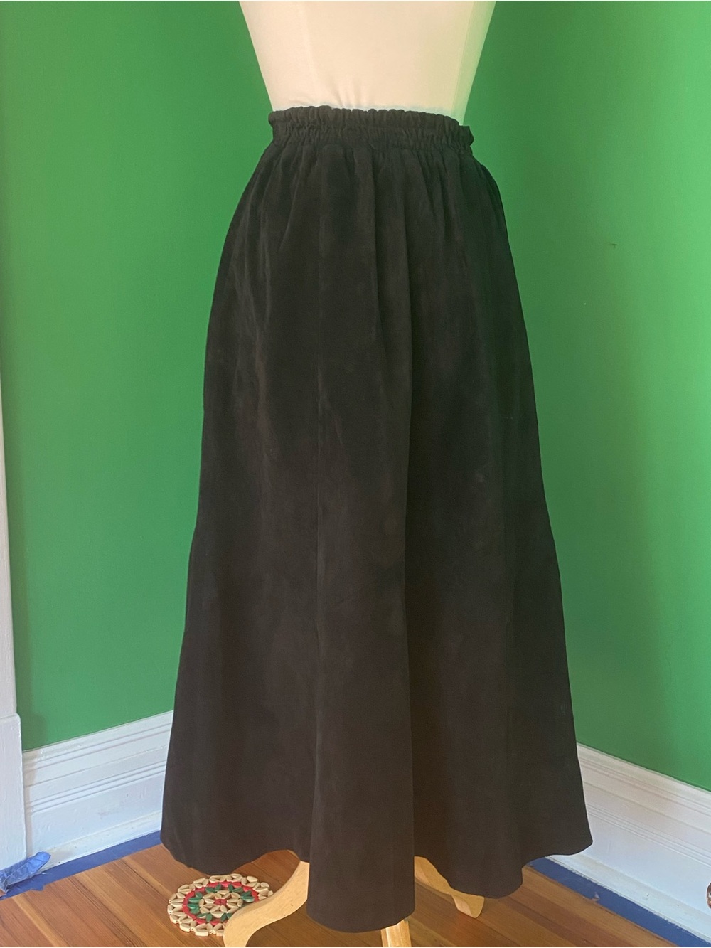 Vintage suede flared maxi leather Black A-Line Skirt